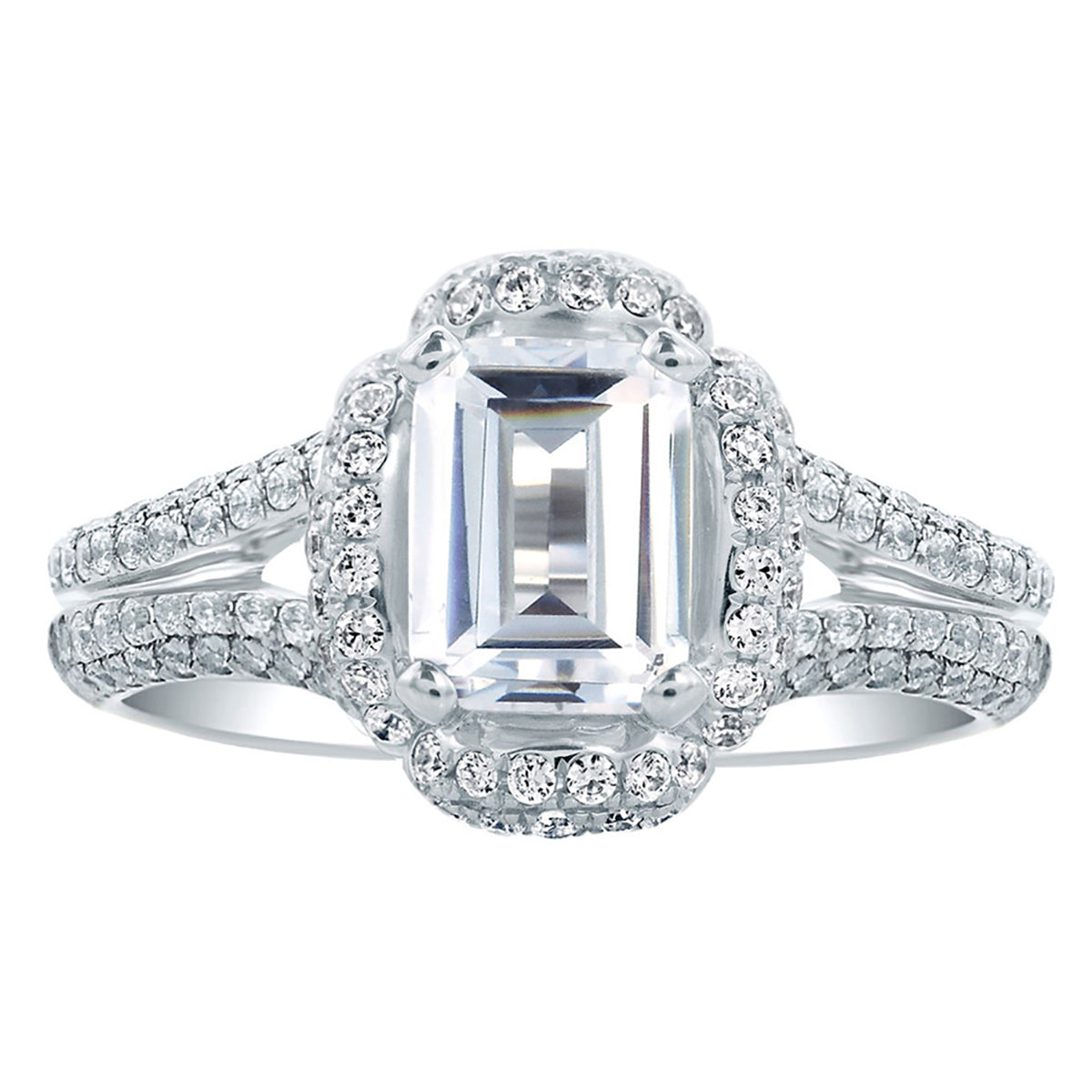 A.Jaffe Floral Halo Emerald Cut Split Shank Pavé Diamond Engagement Ring MES683/247