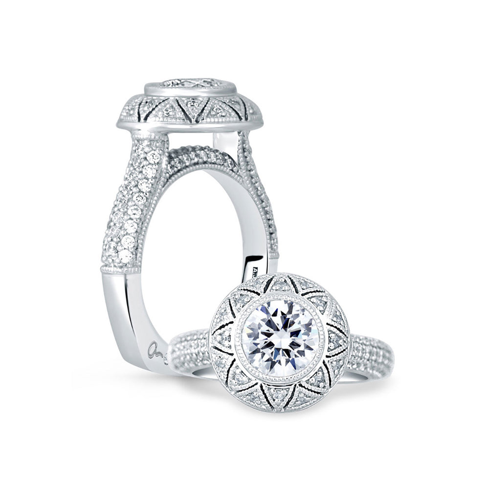 A.Jaffe Vintage Sunburst Halo Round Center Diamond Engagement Ring MES686/180