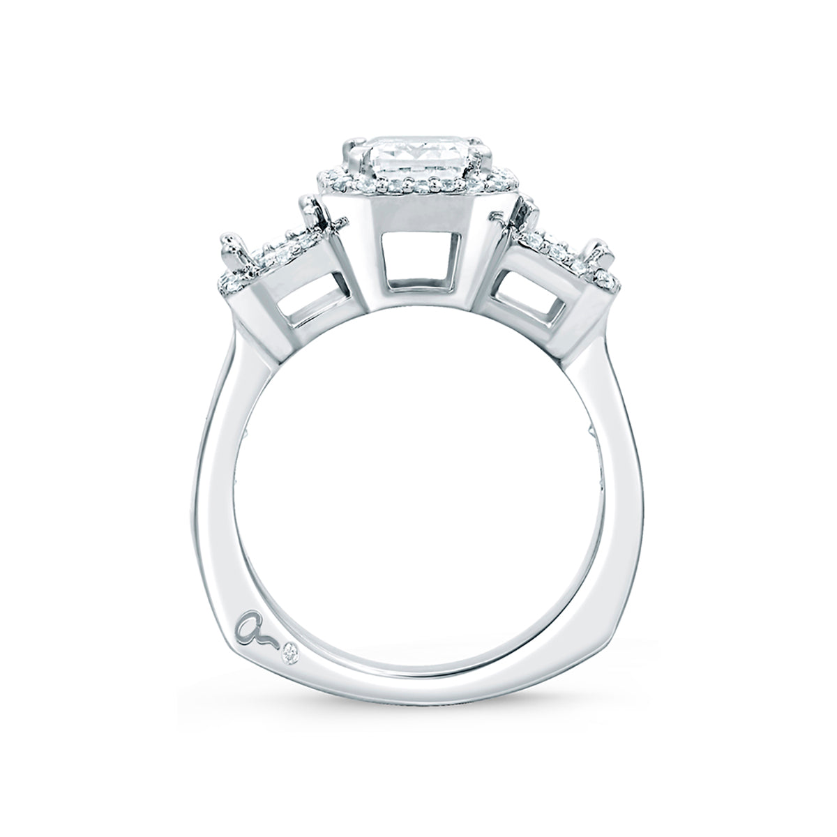 A.Jaffe Classic Three Stone Emerald Cut Halo Engagement Ring MES694/435