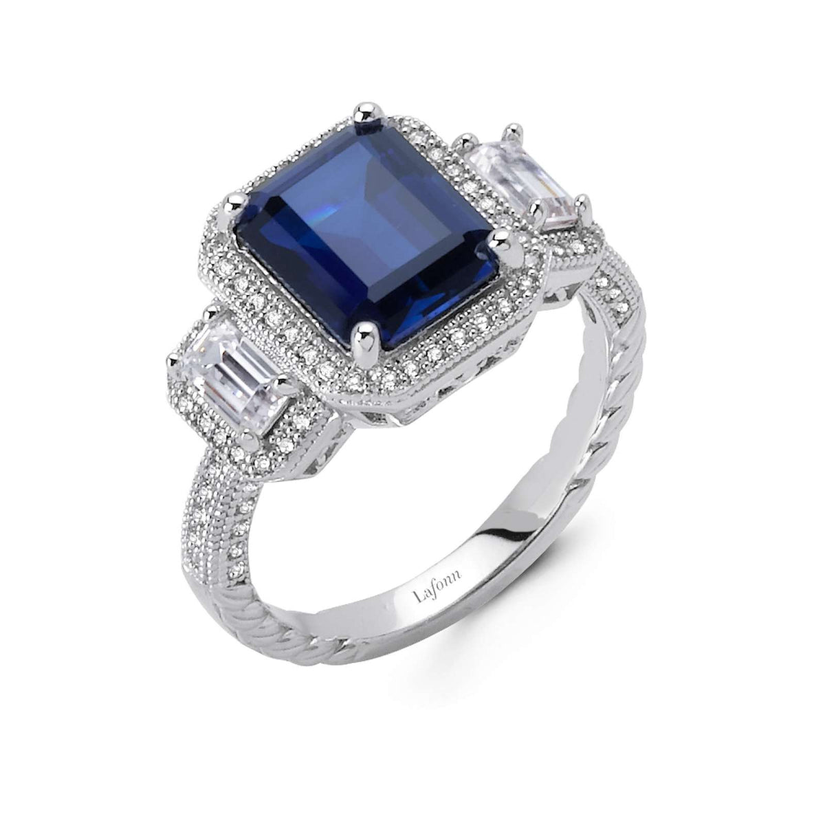 Lafonn Simulated Diamond &amp; Blue Sapphire Three Stone Anniversary Ring R0070CSP