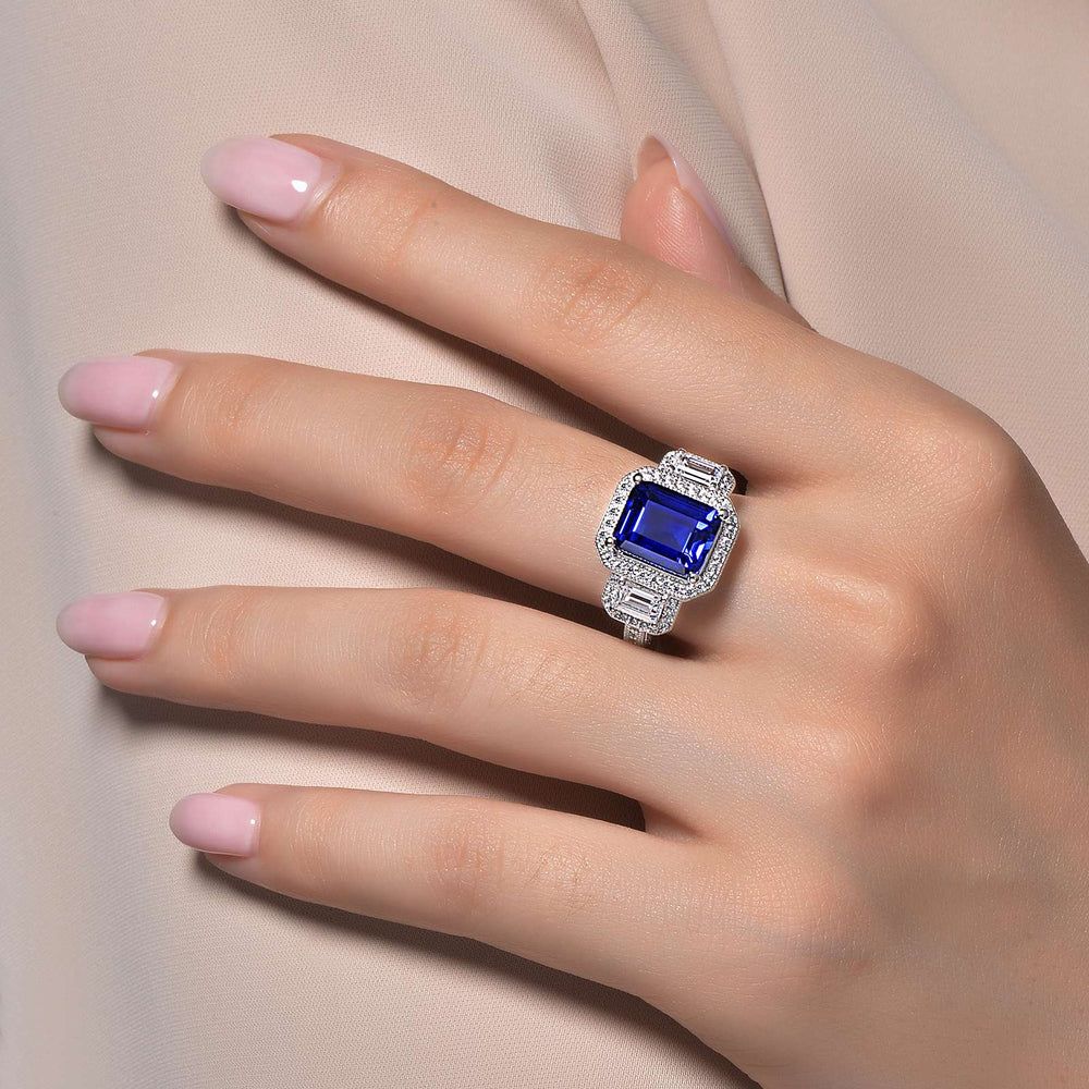 Lafonn Simulated Diamond & Blue Sapphire Three Stone Anniversary Ring R0070CSP