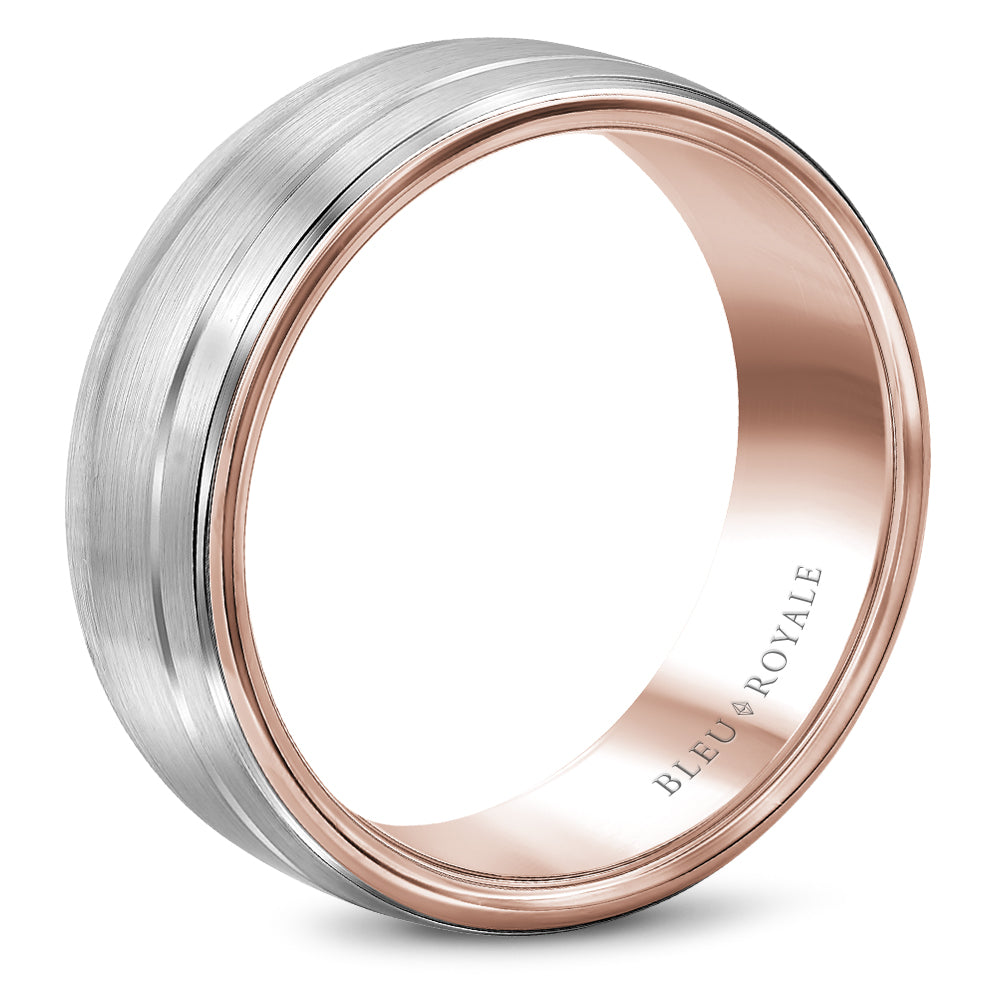 Bleu Royale 8.5MM Rose Gold Wedding Band with White Gold Brushed Center RYL-002WR85