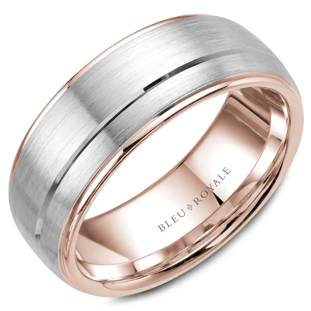 Bleu Royale 8.5MM Rose Gold Wedding Band with White Gold Brushed Center RYL-002WR85