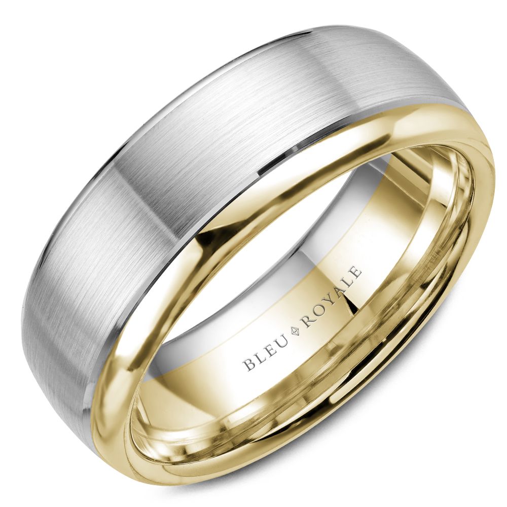 Bleu Royale 7.5MM White &amp; Yellow Gold Wedding Band with Brushed Center with Polished Edges RYL-006WY75