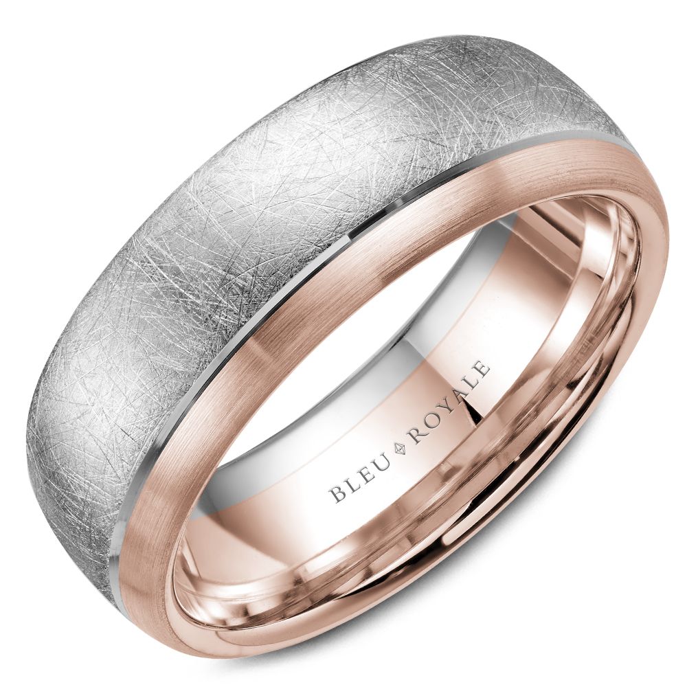 Bleu Royale 7.5MM White &amp; Rose Gold Wedding Band with Diamond Brushed Center and Polished Edges RYL-007WR75
