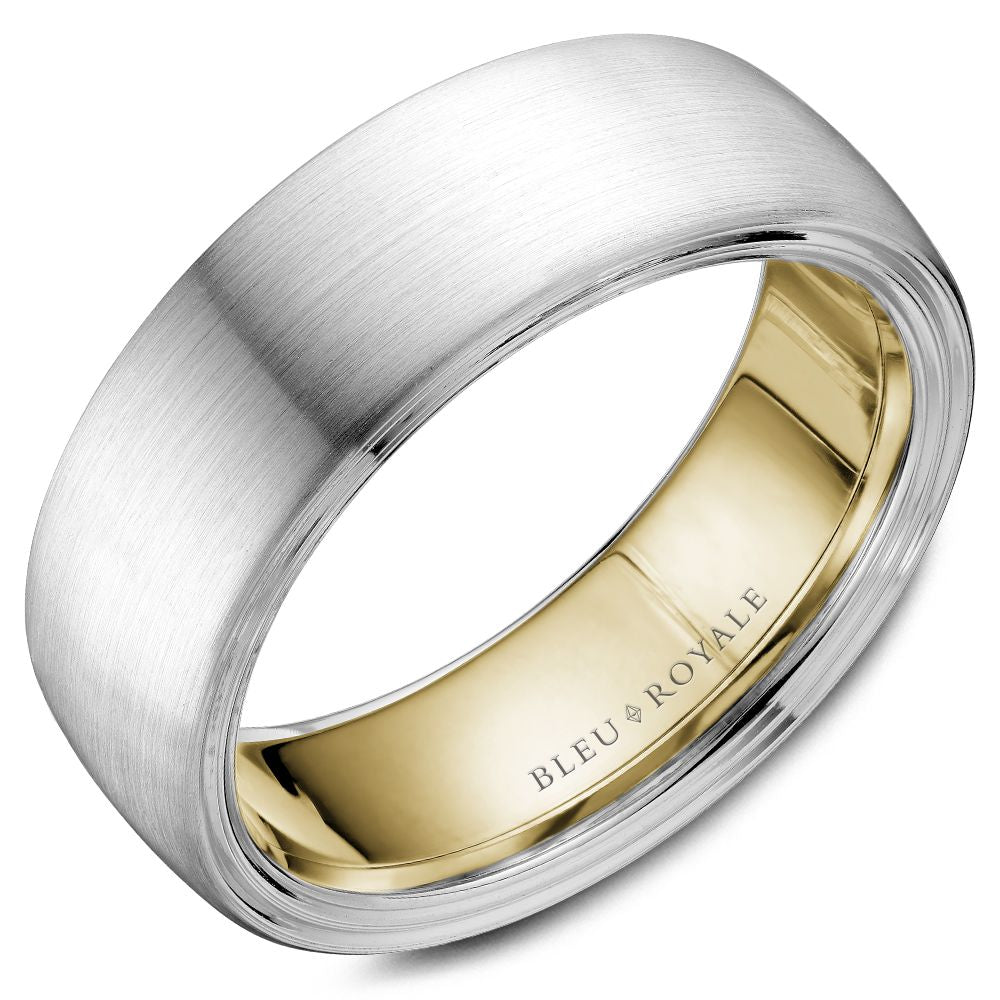 Bleu Royale 7.5MM Brushed White Gold Wedding Band with Yellow Gold Interior RYL-059WY75