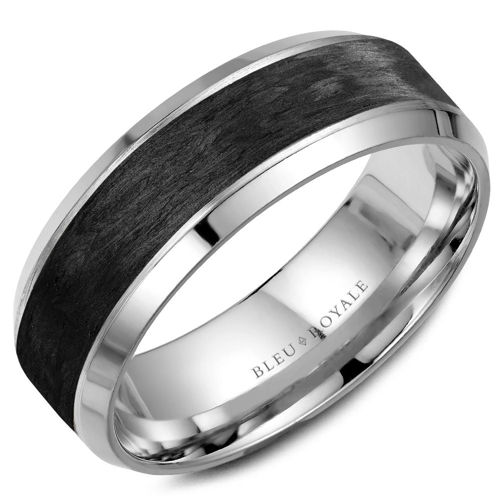 Bleu Royale 7.5MM Wedding Band with Forged Carbon Fiber Center and Beveled Edges RYL-064W75