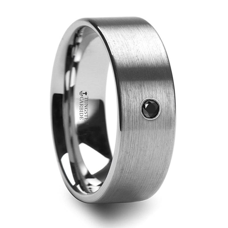 Thorsten Irenaeus Flat Brushed Tungsten Wedding Ring w/ Black Diamond (8mm) T5419-BFTD