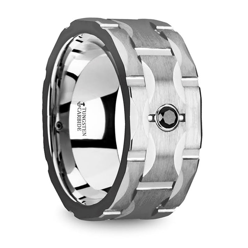 Thorsten Saint Brushed Tungsten Wedding Band w/ Grooves &amp; Black Diamond (10mm) T5420-BGFD