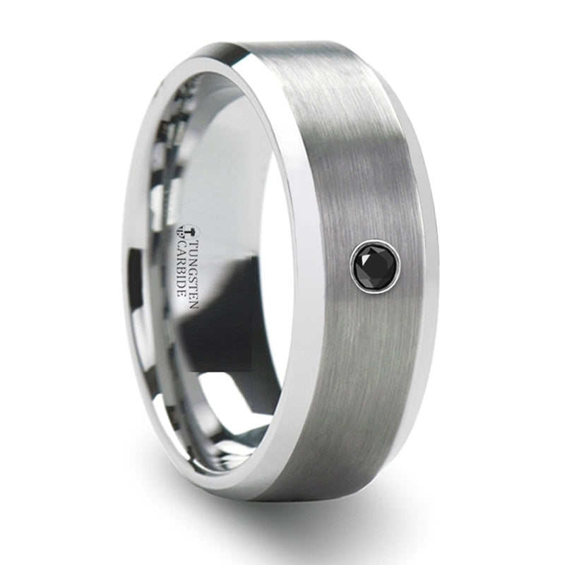 Thorsten Lysandra Black Diamond Brushed Tungsten Wedding Band w/ Polished Beveled Edges (8mm) T5422-BPBD