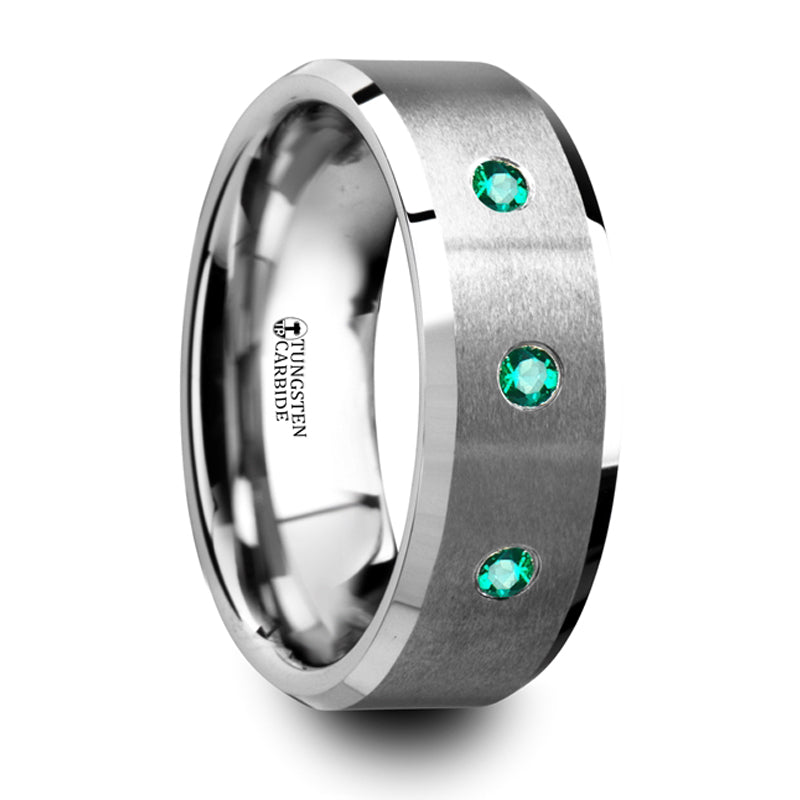 Thorsten Icarus Brushed Tungsten Men’s Wedding Ring w/ Polished Beveled Edges & 3 Emeralds (8mm) T5424-BPBE