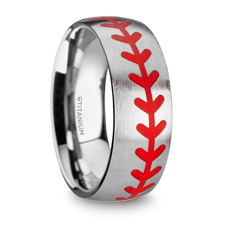 Thorsten Dimaggio Titanium Brushed Finish Ring w/ Red Baseball Stitching Pattern (8mm) T5726-TRBB