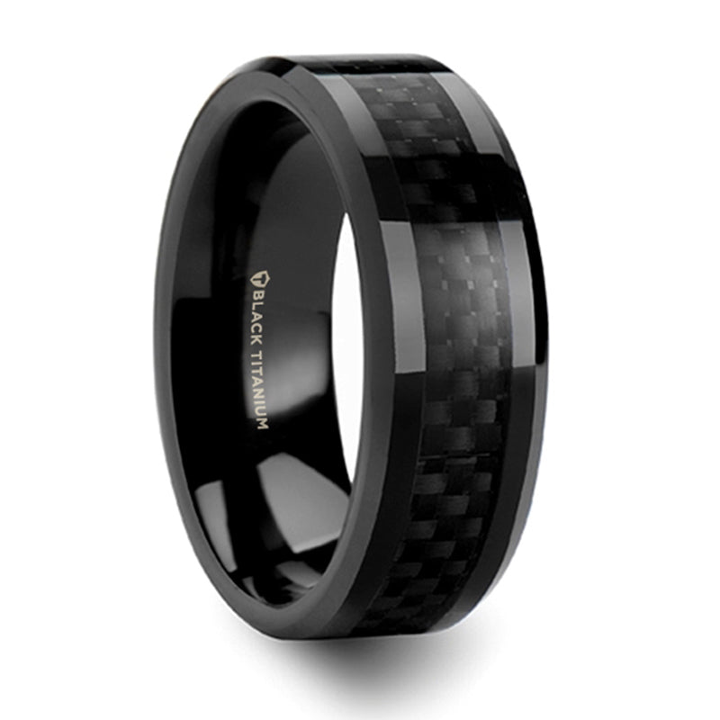 Thorsten Oxyn Black Titanium Polished Beveled Edges Black Carbon Fiber Inlaid Wedding Band (8mm) T5998-BTBCF