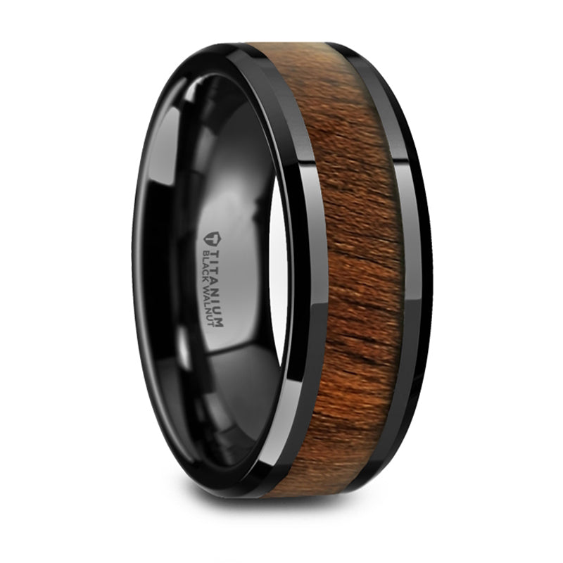Thorsten Kony Black Titanium Polished Beveled Edges Black Walnut Wood Inlaid Wedding Ring (8mm) T6000-BTWW