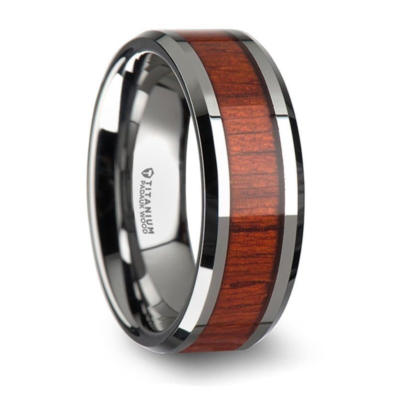 Thorsten Norro Titanium Polished Beveled Edges Padauk Wood Inlaid Wedding Band (8mm) T6001-TBPW