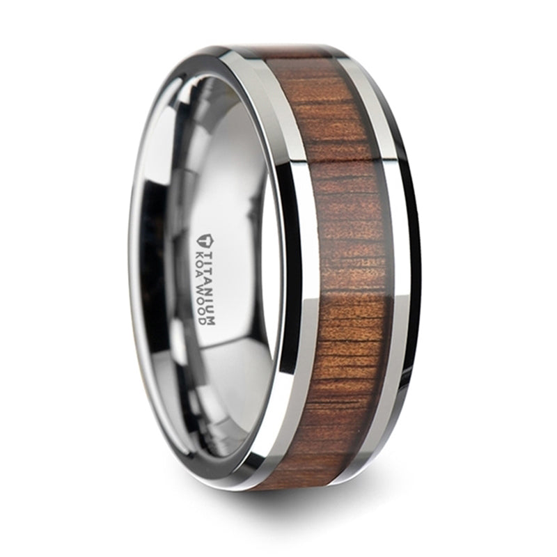 Thorsten Koan Titanium Polished Finish Koa Wood Inlaid Wedding Ring w/ Beveled Edges (8mm) T6002-TBKW