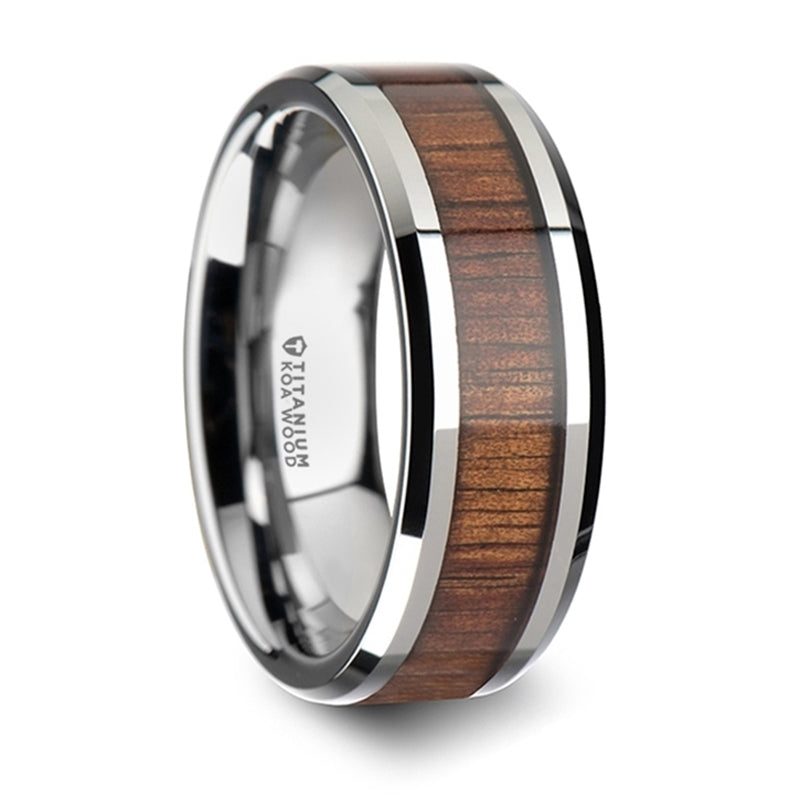 Thorsten Koan Titanium Polished Finish Koa Wood Inlaid Wedding Ring w/ Beveled Edges (8mm) T6002-TBKW