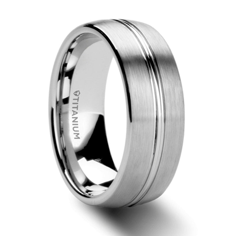 Thorsten Upton Titanium Brushed Finish Wedding Ring w/ Polished Grooved Center (8mm) T6005-TBPG