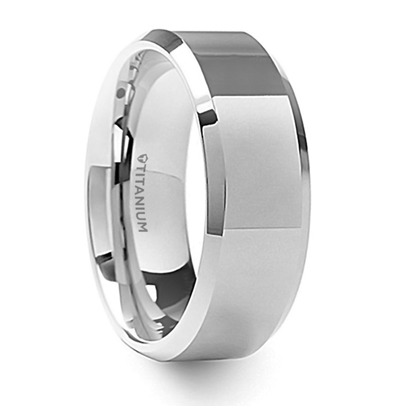 Thorsten Coronal Polished Finish Beveled Edges Titanium Wedding Ring w/ Raised Center (8mm) T6011-TPRC