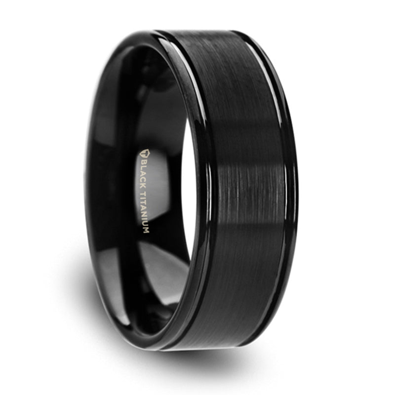 Thorsten Wolfgang Black Titanium Brushed Finish Wedding Ring w/ Polished Dual Offset Grooves (8mm) T6012-TBBG