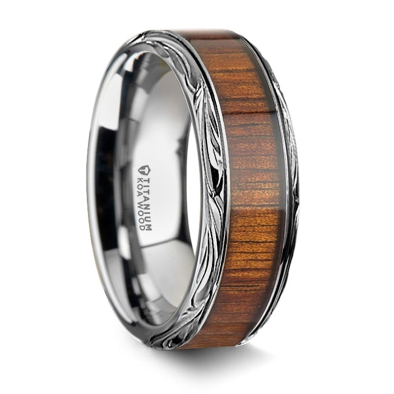 Thorsten Ohana Koa Wood Inlaid Titanium Wedding Ring w/ Intricate Edges (8mm) T6013-TPKW