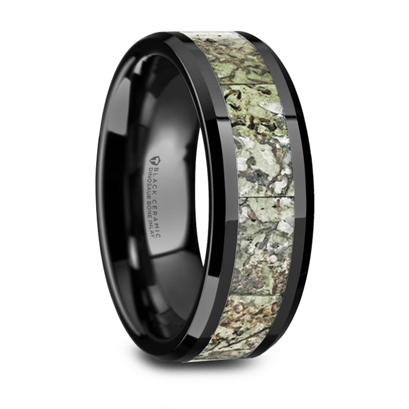 Thorsten Drogon Light Green Dinosaur Bone Inlaid Black Ceramic Wedding Band w/ Polished Beveled Edge (8mm) T6014-BCGD