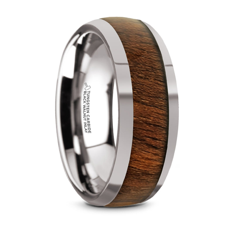 Thorsten Juglan Tungsten Carbide Polished Finish Domed Wedding Ring w/ Exotic Black Walnut Wood Inlay (8mm) TC5950-DBW