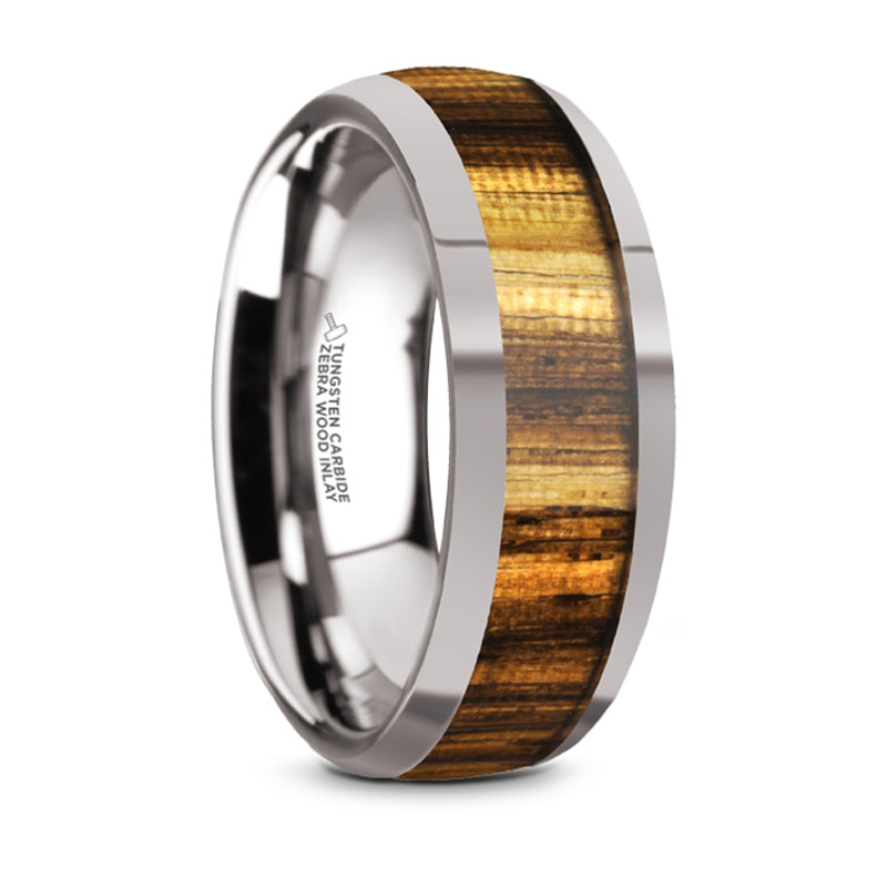 Thorsten Tigre Tungsten Carbide Polished Finish Domed Wedding Band w/ Zebra Wood Inlay (8mm) TC5957-DZW