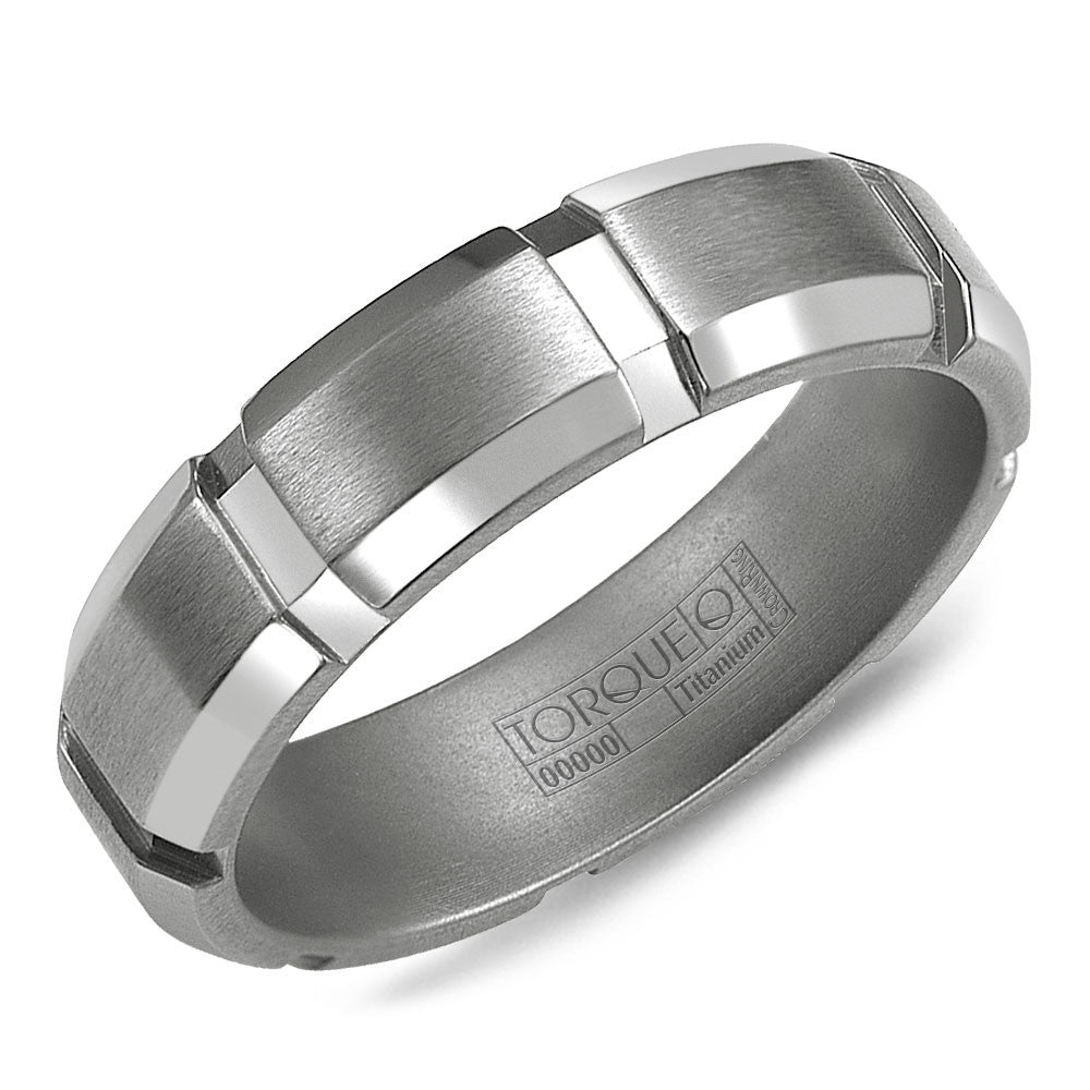 Torque Titanium Collection 6MM Wedding Band with Brushed Finish &amp; Architechtural Detailing TI-0061-R10