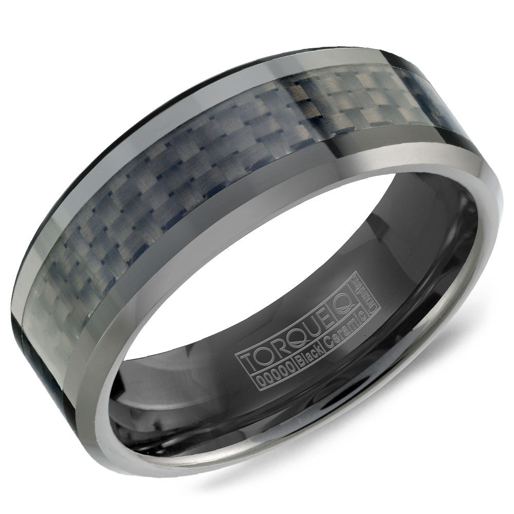 Torque Black Ceramic Collection 8MM Wedding Band with Carbon Fiber TU-0030