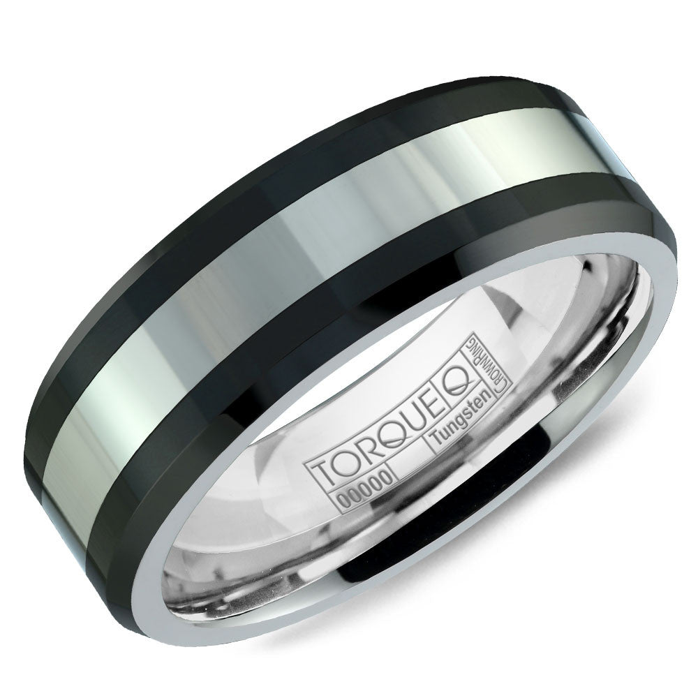 Torque Black Ceramic Collection 8MM Wedding Band with White Inlay TU-0031