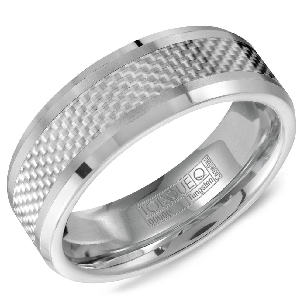 Torque Tungsten Collection 8MM Wedding Band with White Carbon Fiber TU-0036