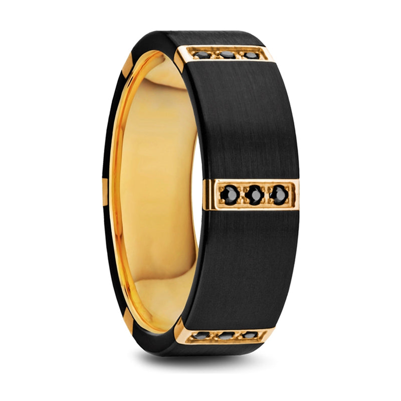 Thorsten Muramasa Flat Brushed Black Titanium Ring w/ Gold Plated Inside &amp; 6 Gold Plated Stainless Steel Bezels w/ Triple Black Diamond Setting (8mm) W1281-BTGI