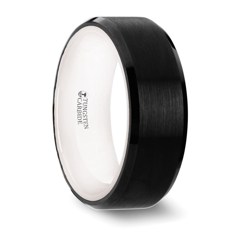 Thorsten Sigma Black Tungsten Brushed Center Wedding Band w/ Polished Beveled Edges &amp; White Interior (8mm) W1396-WIBT