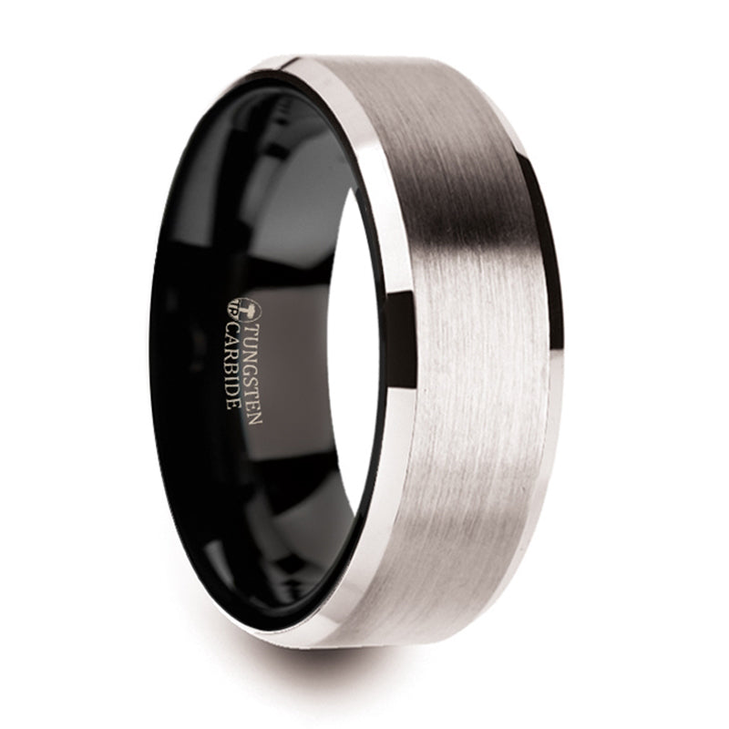 Thorsten Vega White Tungsten Brushed Center Wedding Ring w/ Polished Beveled Edges &amp; Black Interior (8mm) W1397-BITC