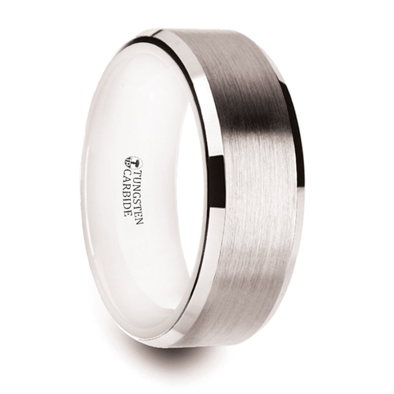 Thorsten Antares White Tungsten Brushed Center Wedding Ring w/ Polished Beveled Edges &amp; White Interior  (8mm) W1398-WITC