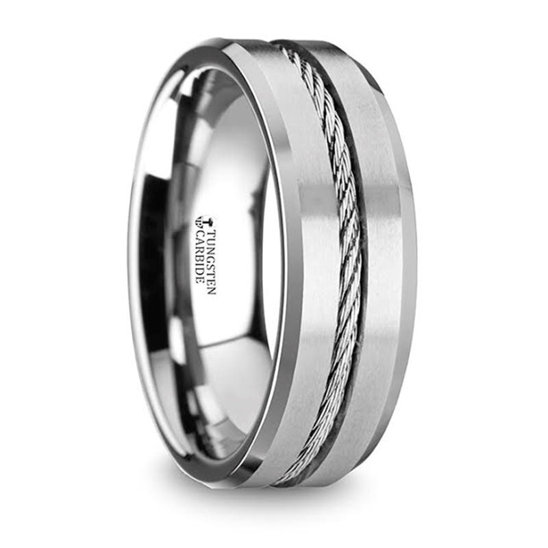 Thorsten Lannister Tungsten Flat Wedding Band w/ Steel Wire Cable Inlay &amp; Beveled Edges (8mm) W1403-TCSW