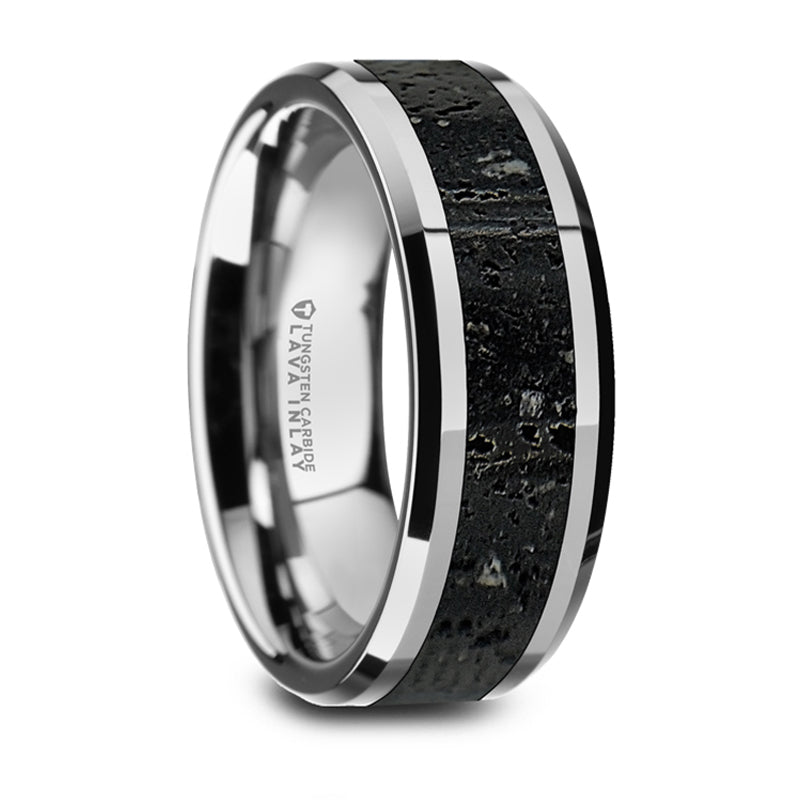 Thorsten Kilauea Polished Tungsten Wedding Band w/ Black &amp; Gray Lava Rock Stone Inlay &amp; Polished Beveled Edges (8mm) W1491-TCLI
