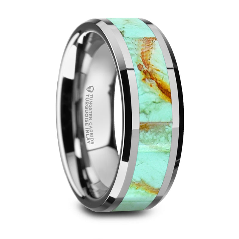 Thorsten Pierre Polished Tungsten Wedding Band w/ Light Blue Turquoise Stone Inlay &amp; Polished Beveled Edges (8mm) W1493-TCTI