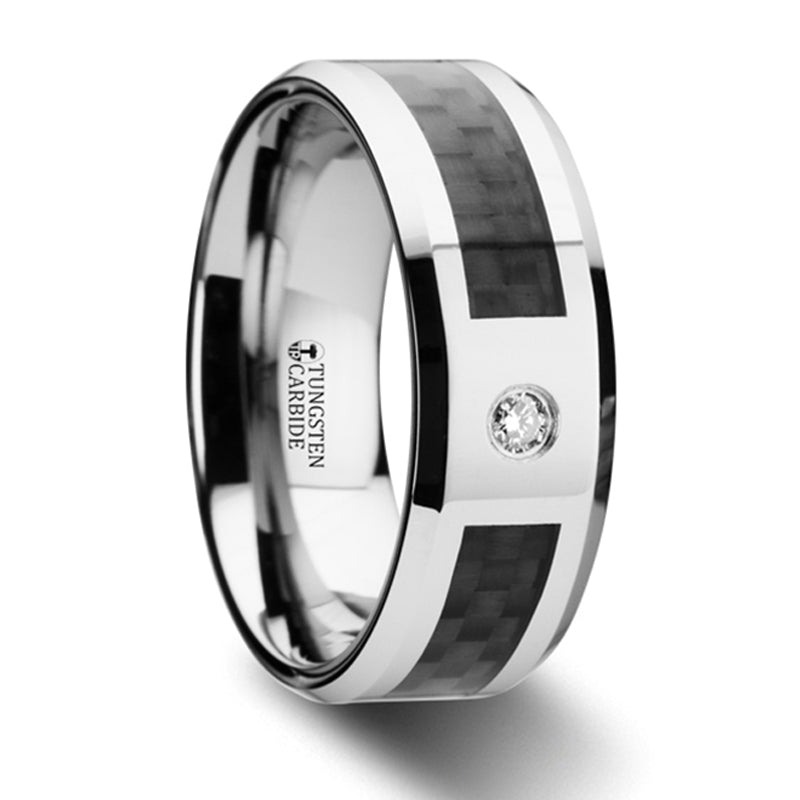 Thorsten Cayman Tungsten Carbide Ring w/ Black Carbon Fiber &amp; White Diamond Setting w/ Bevels (8mm) W2958-TBCD