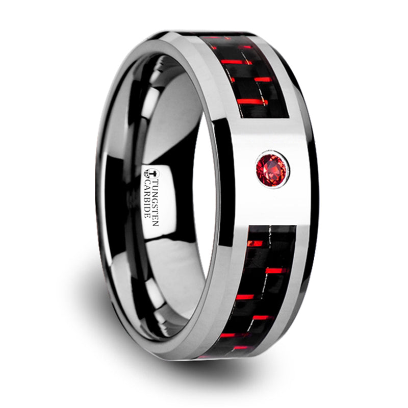 Thorsten Adrian Tungsten Carbide Ring w/ Black &amp; Red Carbon Fiber &amp; Red Ruby Setting with Bevels (8mm) W2959-TCRD