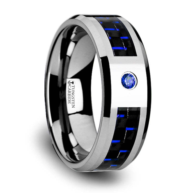 Thorsten NEPTUNE Tungsten Carbide Ring Black Blue Carbon Fiber Blue Sapphire Setting with Bevels - 8mm Thorsten NEPTUNE Tungsten Carbide Ring Black Blue Carbon Fiber Blue Sapphire Setting with Bevels - 8mm