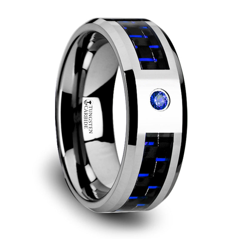 Thorsten Neptune Tungsten Carbide Ring w/ Black &amp; Blue Carbon Fiber &amp; Blue Diamond Setting w/ Bevels (8mm) W2960-TCBD
