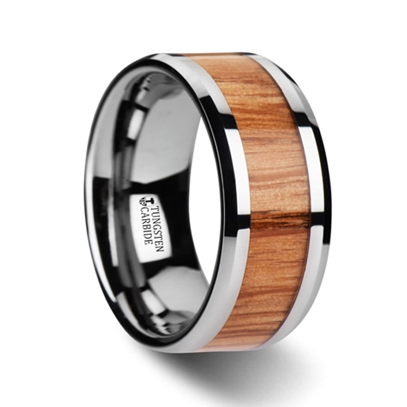 Thorsten Vermillion Red Oak Wood Inlaid Tungsten Carbide Ring w/ Bevels (6-10mm) W3068-RWWI
