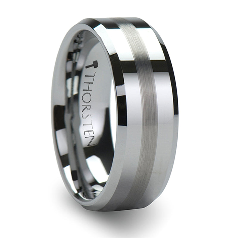 Thorsten Grenoble Beveled Tungsten Carbide Ring with Brushed Stripe (6-8mm) W322-FBBS