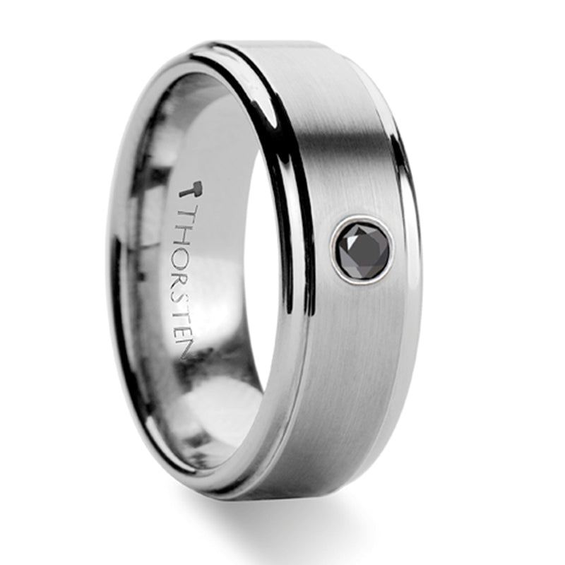 Thorsten Coventry Raised Brushed Center Tungsten Carbide Ring w/ Black Diamond (8mm) W350-RCBD