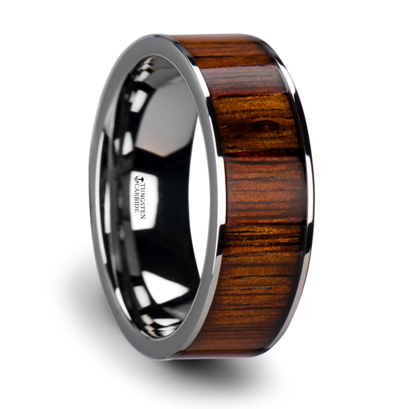 Thorsten Kalani Flat Tungsten Carbide Wedding Band w/ Rare Koa Wood Inlay &amp; Polished Edges (6-10mm) W3753-TCKW