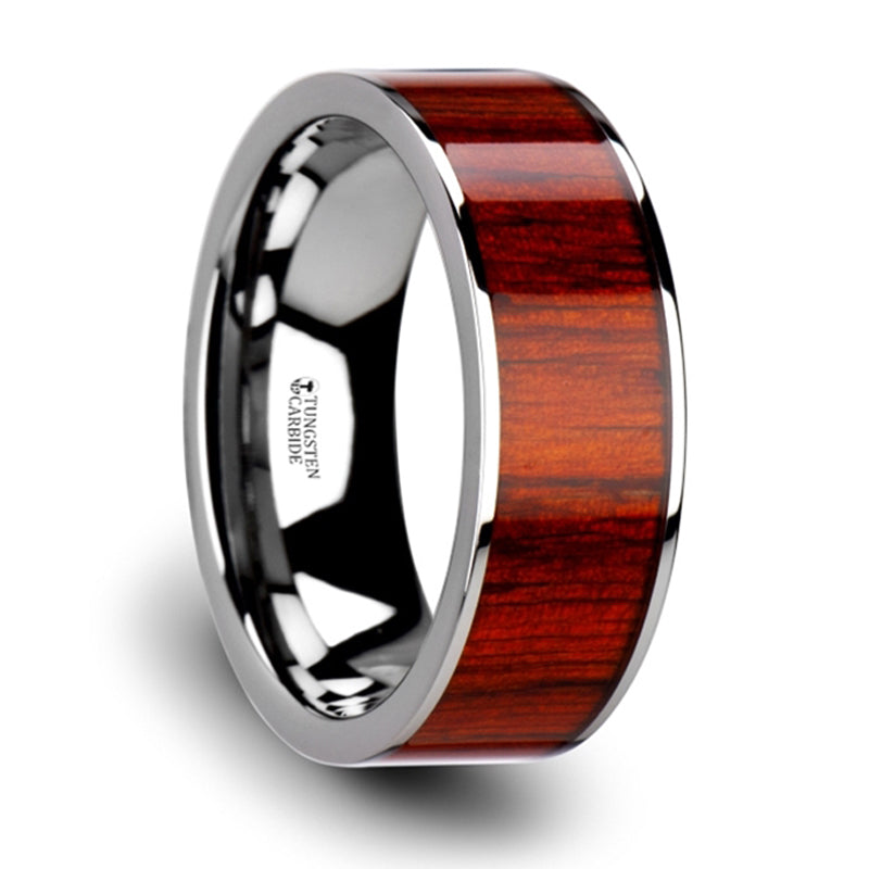 Thorsten Claymore Flat Tungsten Carbide Band w/ Exotic Padauk Wood Inlay &amp; Polished Edges (8mm) W3761-TCRW