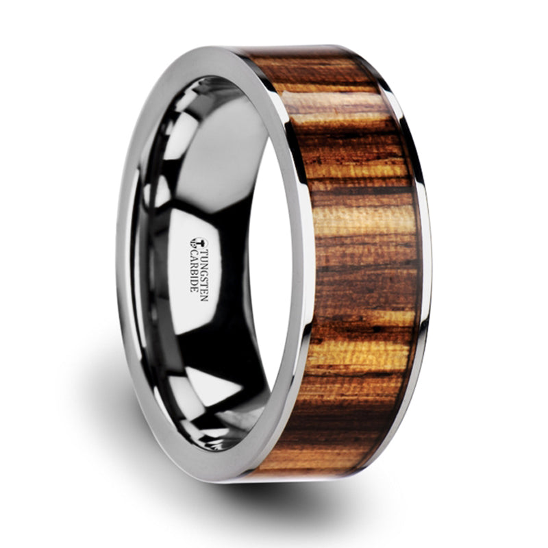 Thorsten Copan Flat Tungsten Carbide Ring with Polished Edges &amp; Real Zebra Wood Inlay (8mm) W3763-TCZW