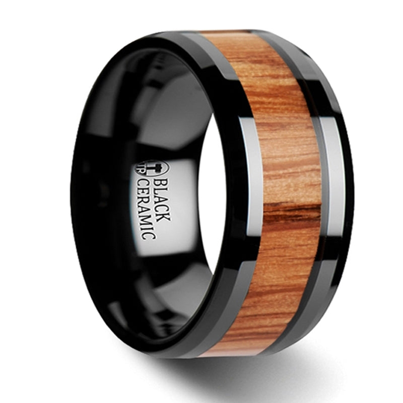 Thorsten Oblivion Red Oak Wood Inlaid Black Ceramic Ring w/ Bevels (6-10mm) W3780-BCRW